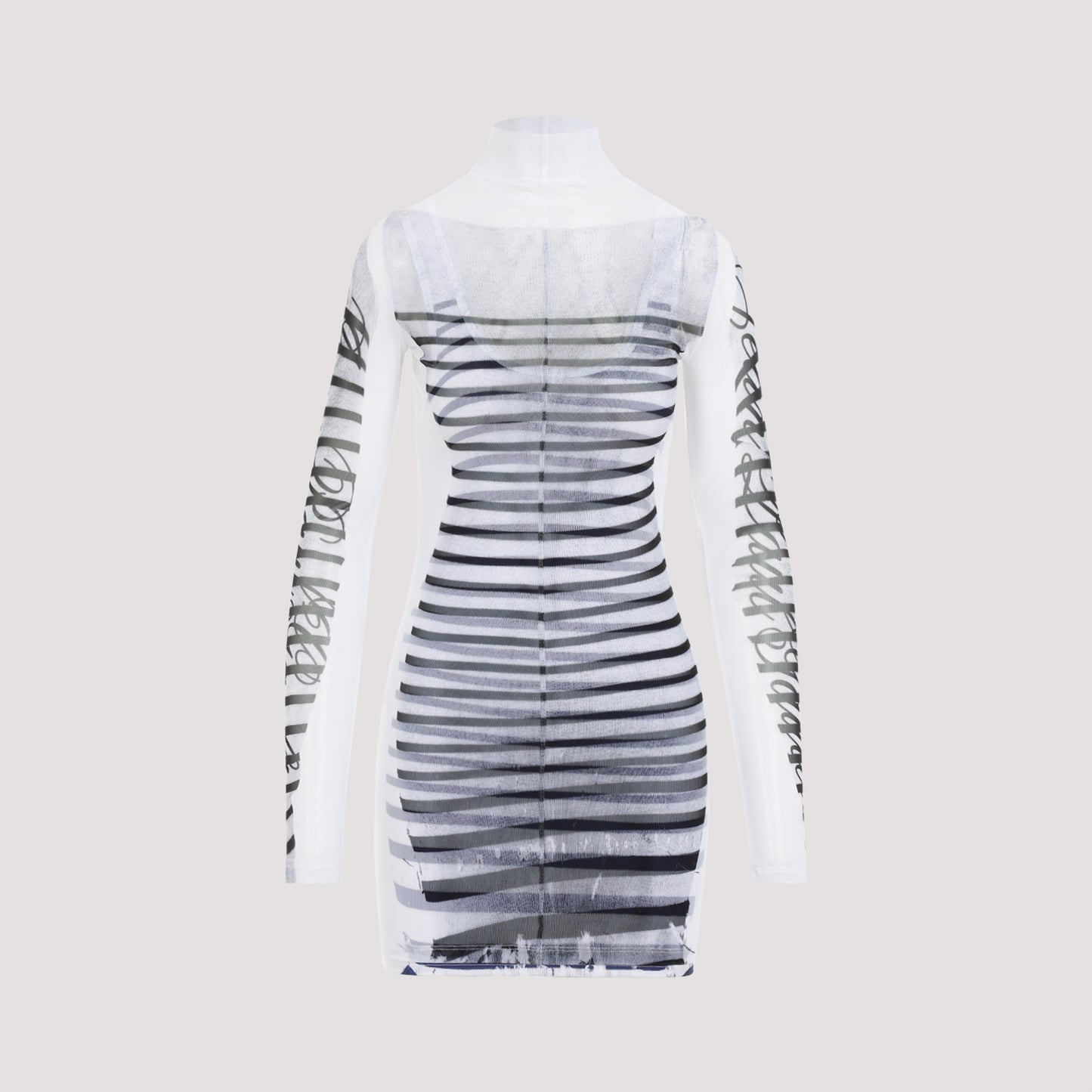 Jean Paul Gaultier Spandex Mesh Printed Feathers Mariniere Mini Dress