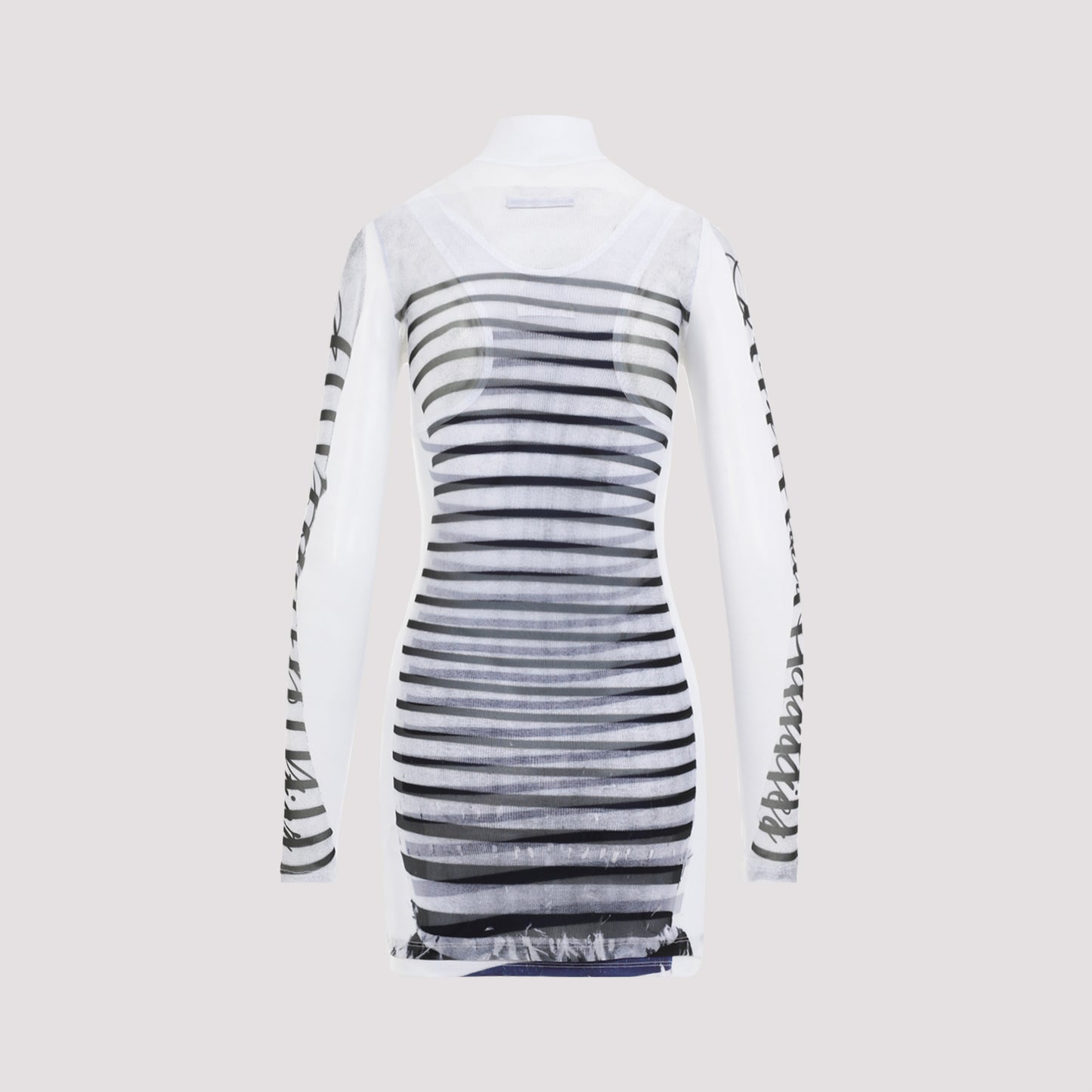 Jean Paul Gaultier Spandex Mesh Printed Feathers Mariniere Mini Dress