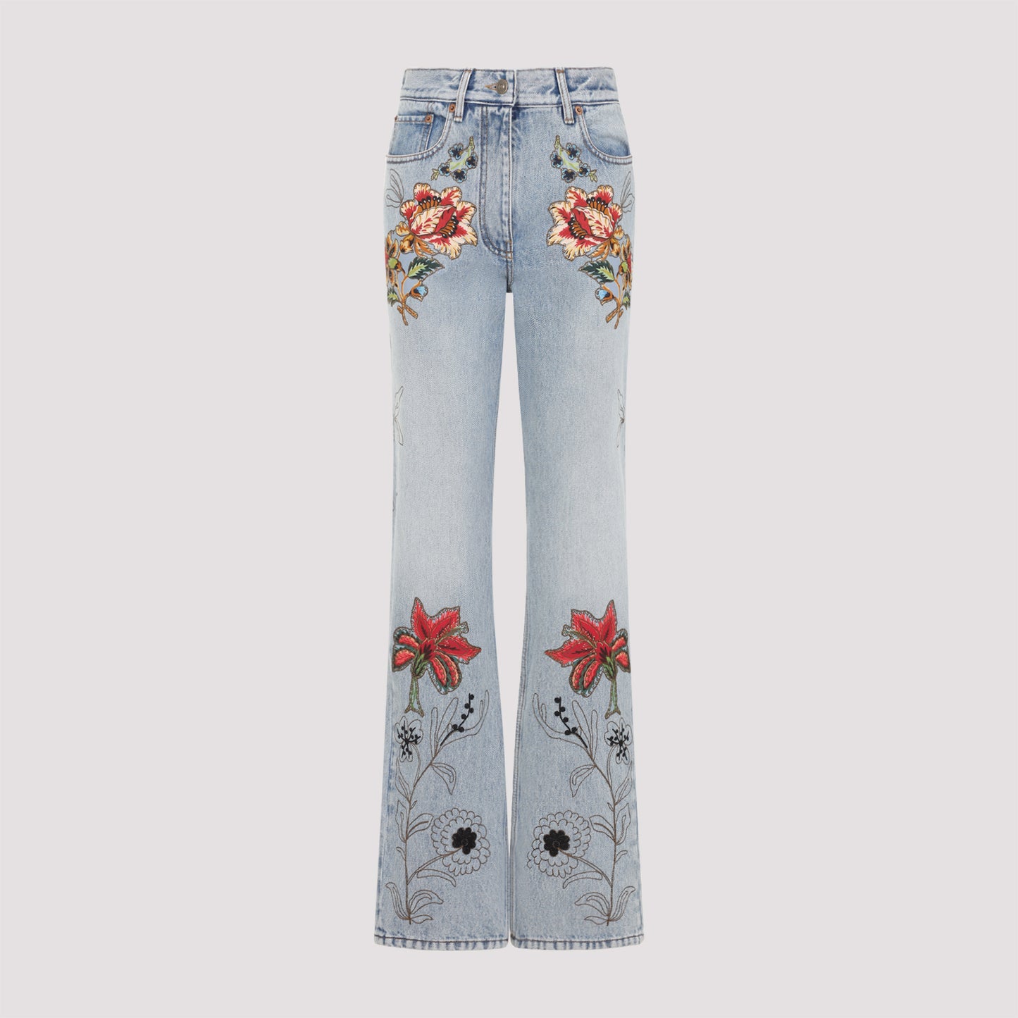 Valentino Denim 5 Pockets Embroidered Flowers Jeans